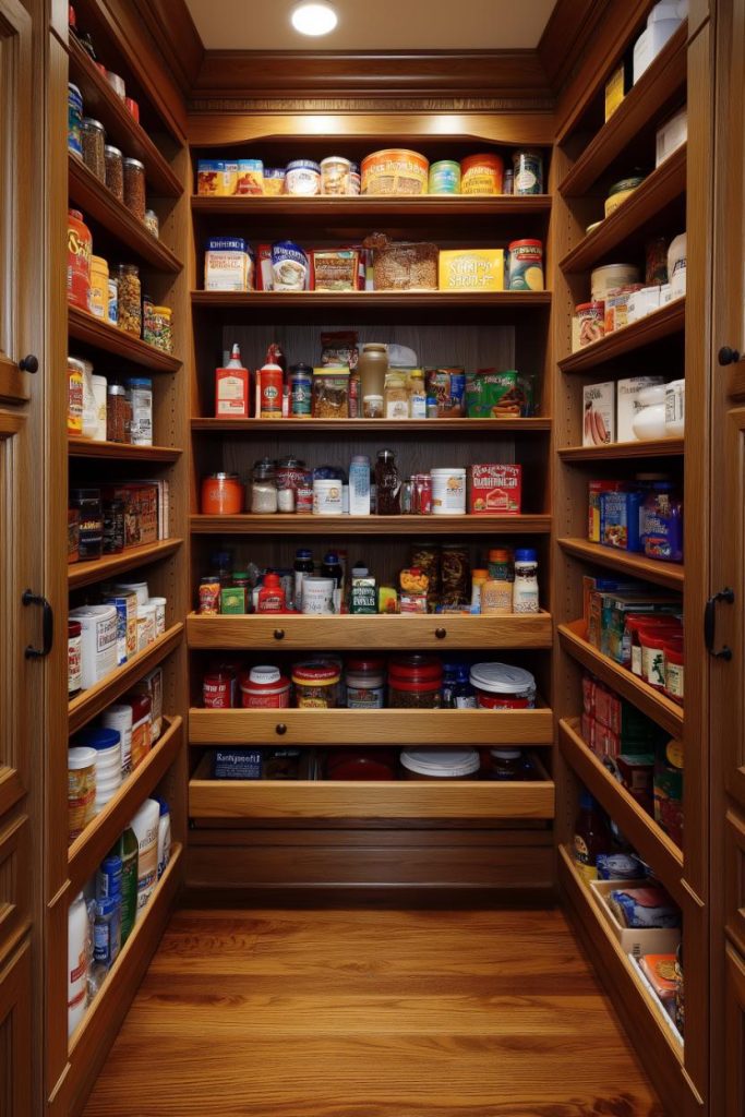 A well-organized pantry with wooden shelves filled with various foods, canned goods, jars and boxes.