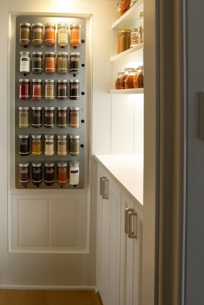 Wall-mounted spice rack with labeled jars next to a countertop and shelves with additional jars in a well-lit pantry.