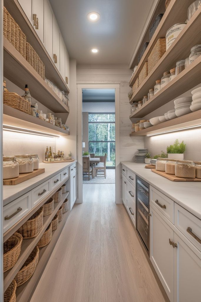 A tidy walk-in pantry with wooden shelves and drawers filled with jars, baskets and bottles. A door at the end leads to a dining area with a large glass window.