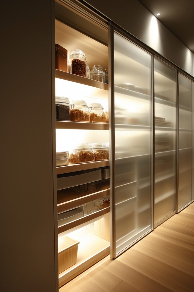 Illuminated pantry shelves with jars and containers next to frosted sliding doors.