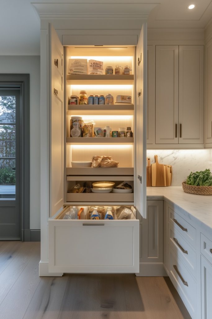 Open kitchen pantry with shelves for various foods, a pull-out drawer underneath and a worktop with cutting board and vegetables.