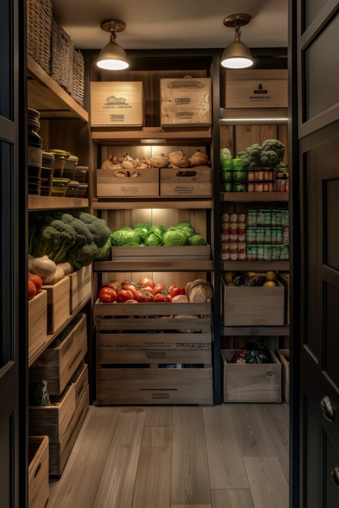 A well-organized pantry with wooden shelves houses boxes of vegetables, canned goods, and jars. Ceiling lights illuminate the room.