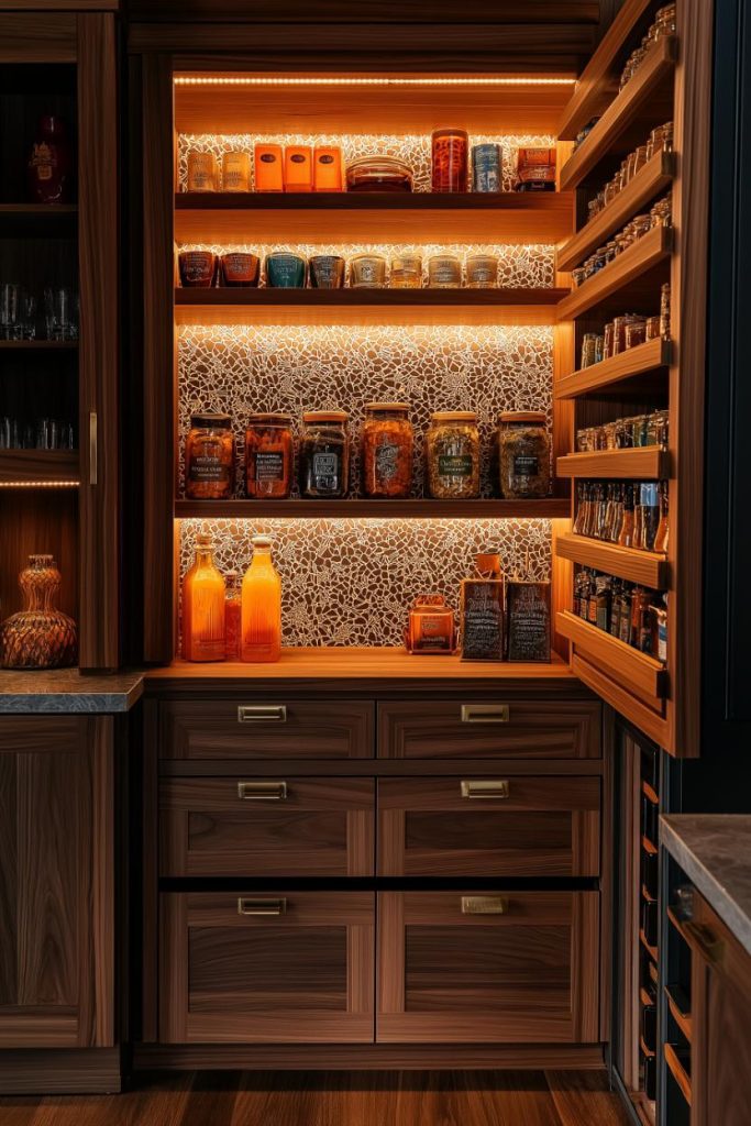 A wooden pantry with open shelves displaying spice jars and bottles, all lit with warm light.