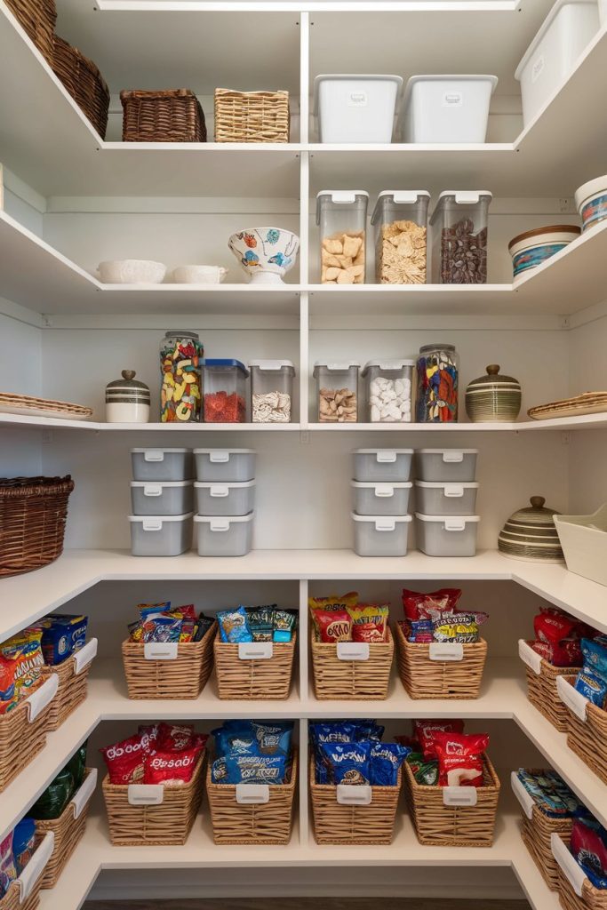 Organized pantry with labeled baskets and bins full of snacks and dry goods on shelves.