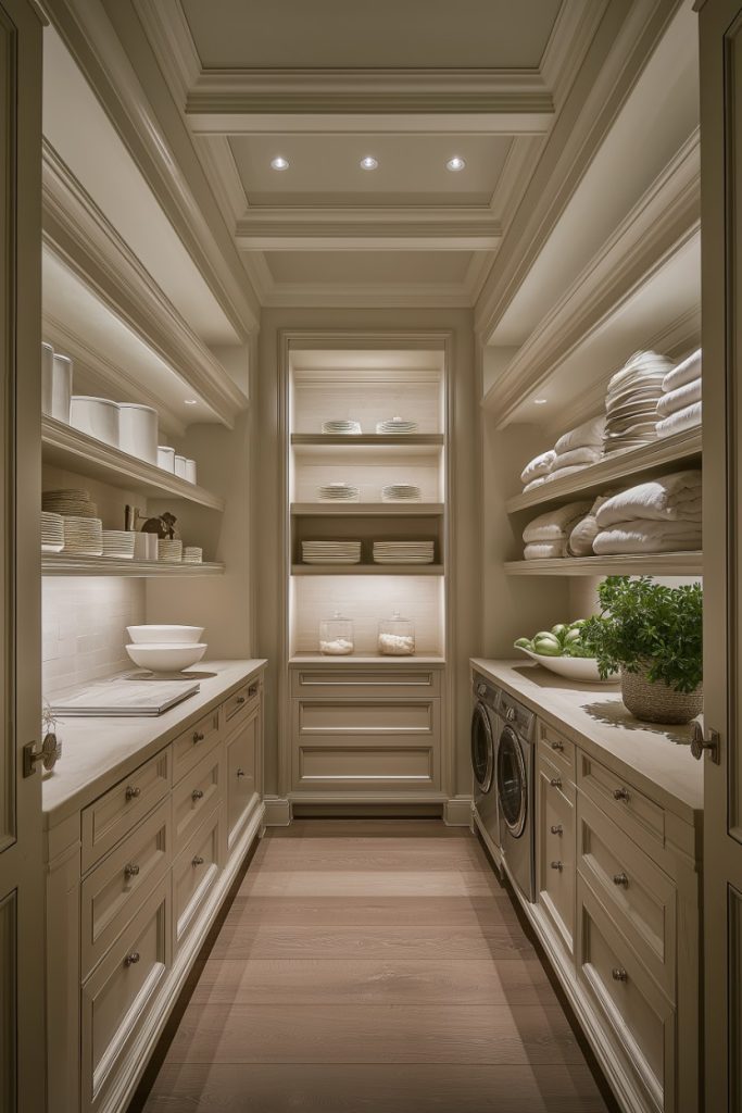 A neatly organized laundry room with built-in cabinets, open shelves with folded linens, a counter stocked with dishes, and a washer and dryer. Plants add a touch of green to the counter.