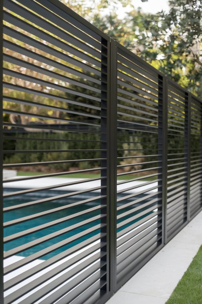 A modern horizontal metal fence surrounds a swimming pool with trees in the background.