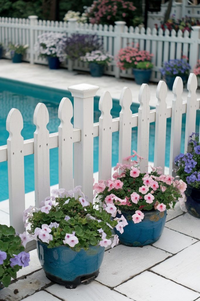 Potted flowers in blue pots decorate a poolside patio, with a white picket fence and other plants in the background.