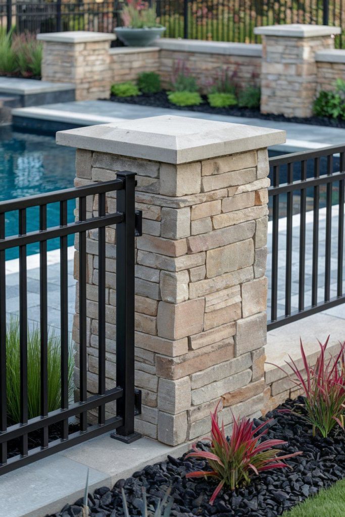 Stone column with metal fence next to a swimming pool, landscaped with ornamental grasses and red-leaved plants.