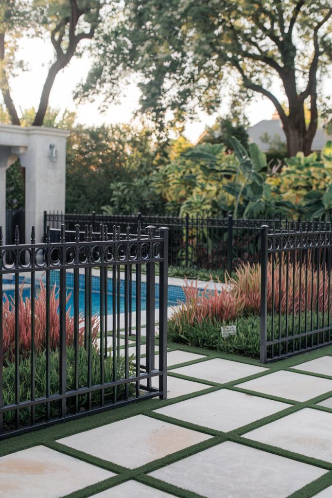 Garden with black metal fence, tiled path, ornamental grasses and a pool in the background, surrounded by trees and lush greenery.