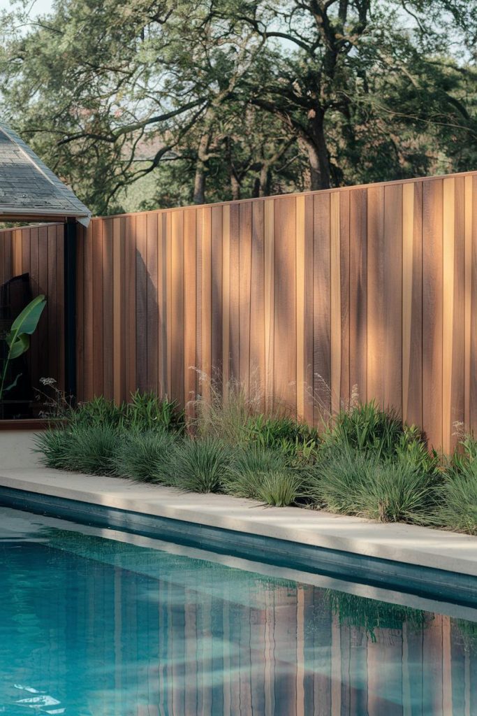 A backyard pool with clear water surrounded by a wooden fence and greenery. Trees can be seen in the background.