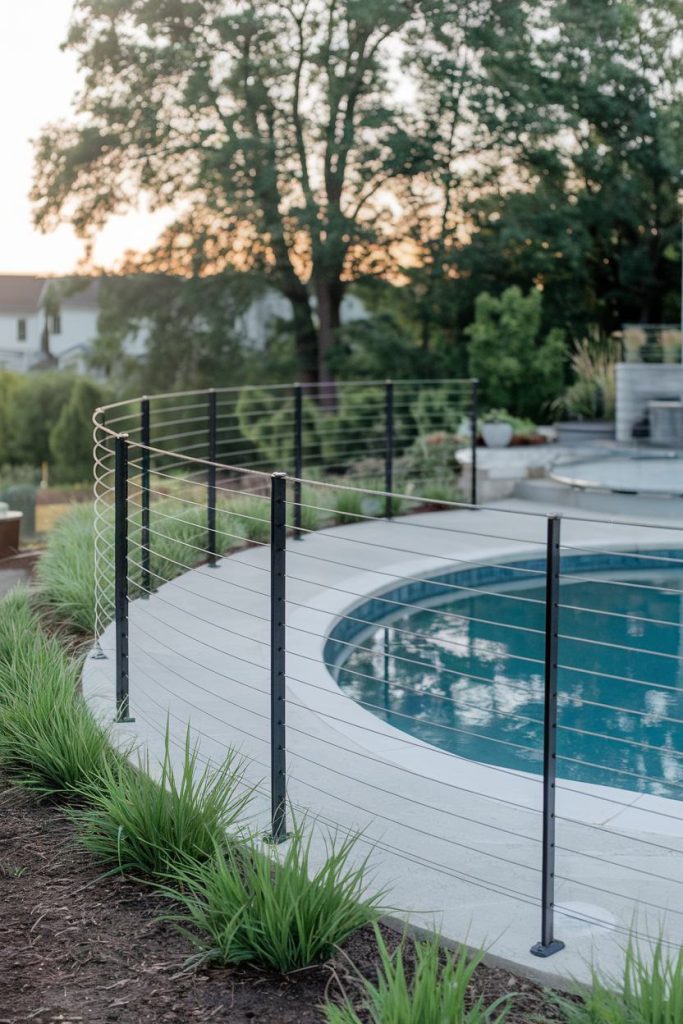 A modern swimming pool with a metal cable fence surrounded by greenery and trees in the background.