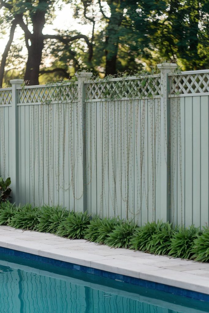 A light green fence with trellis and climbing plants stands next to a rectangular pool surrounded by green plants, with trees in the background.