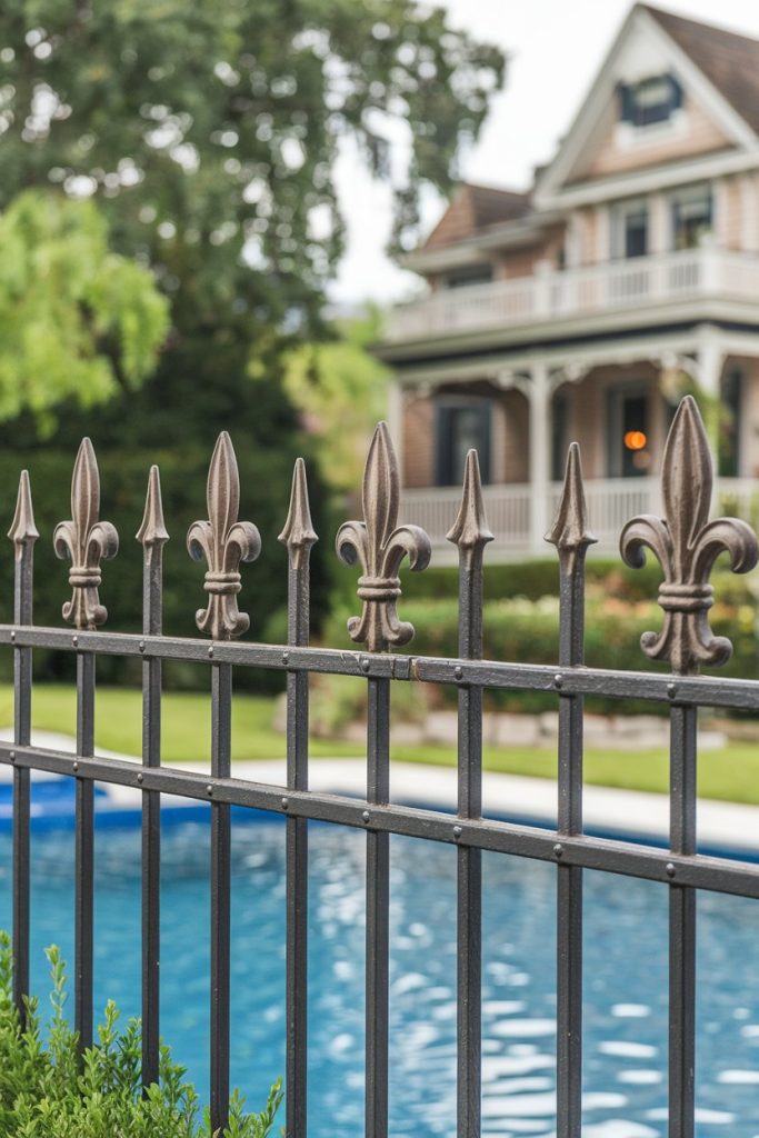 Iron fence with lily details in front of a swimming pool and a house with a porch in the background.