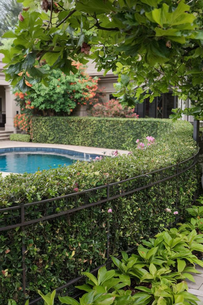 A curved hedge surrounds a pond, lush greenery and blooming flowers line the path. A house and more leaves can be seen in the background.