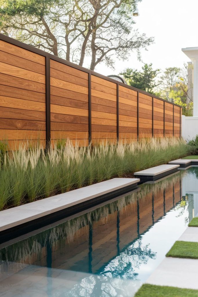 An elegant backyard pool with a modern design is lined with ornamental grasses and a wooden fence under clear skies.