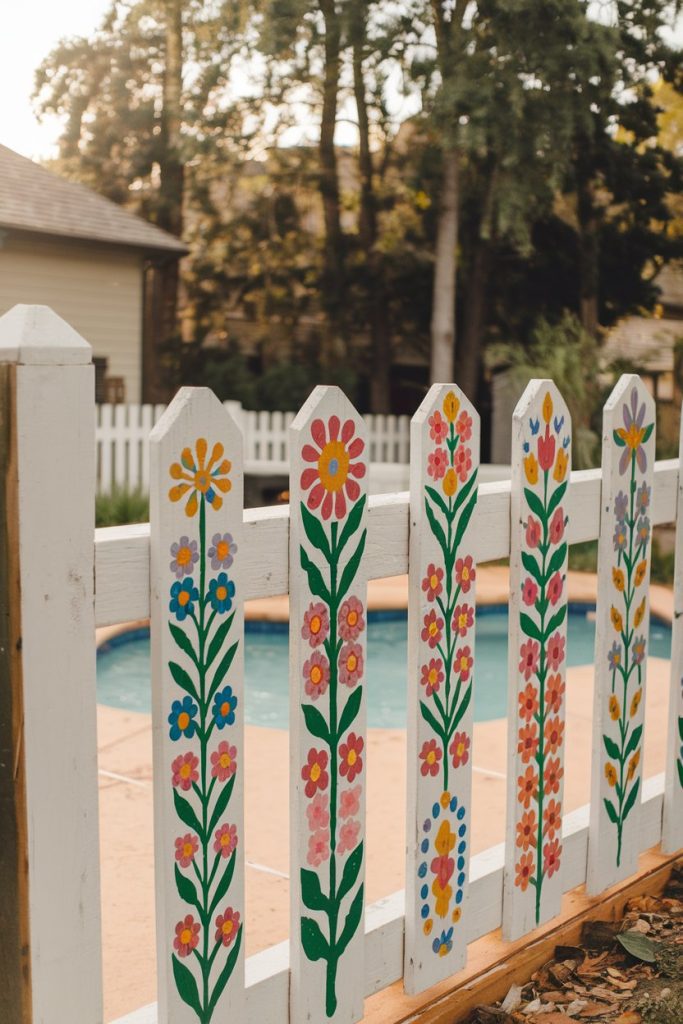 Colorful wooden fence with painted flowers in front of a backyard pool surrounded by trees and houses.