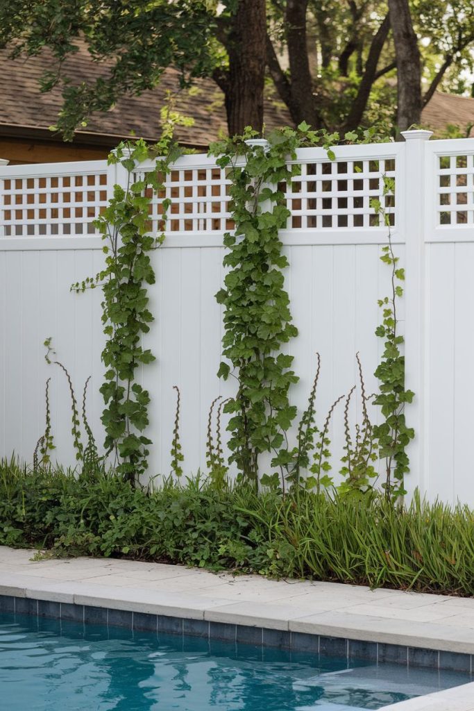 There is a white vinyl fence with climbing plants behind a pool. The fence has a lattice top and the pool deck is lined with green plants. Trees can be seen in the background.