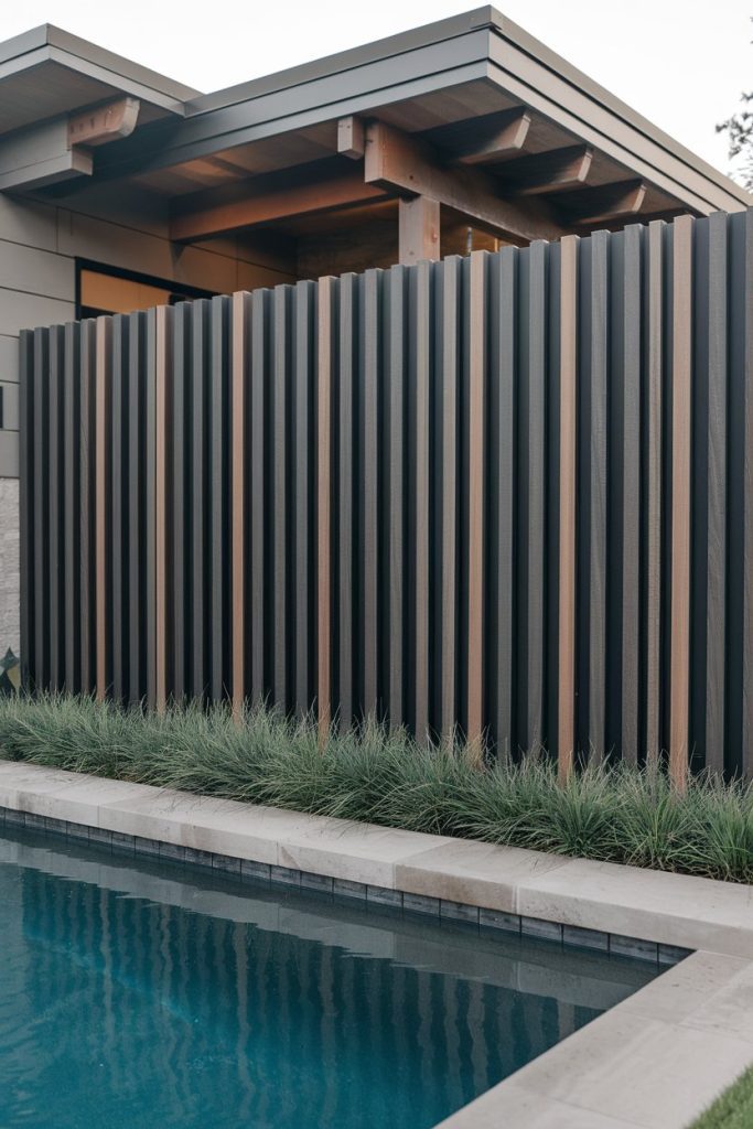 Exterior of modern house with vertical louvered fence next to a pool and landscaped plants.