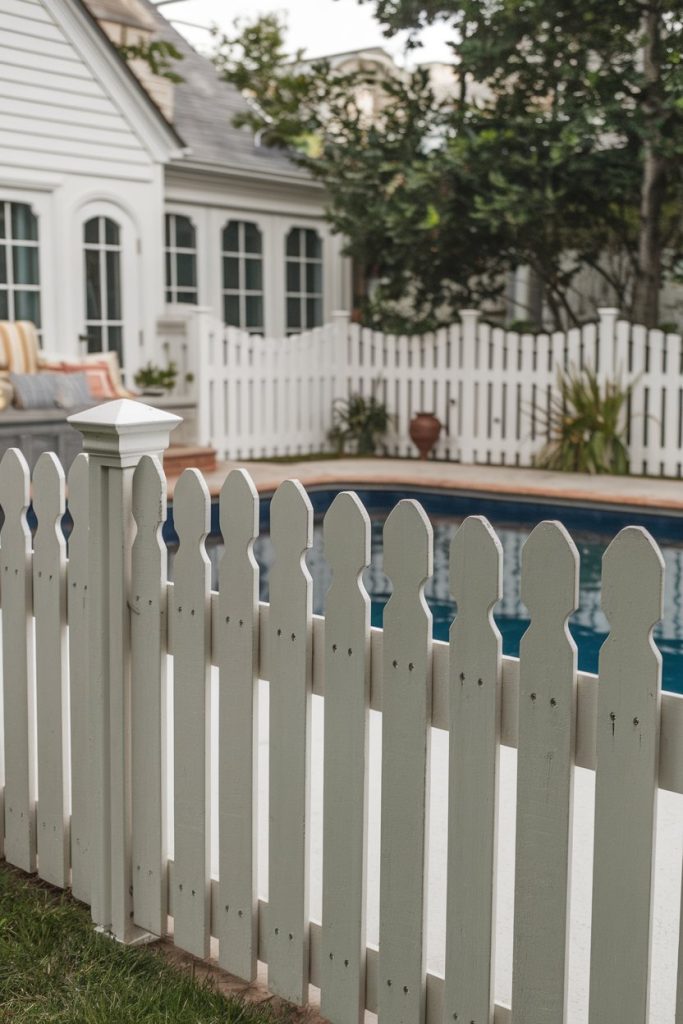 A white picket fence surrounds a backyard with a pool and patio furniture in front of a white house with large windows.