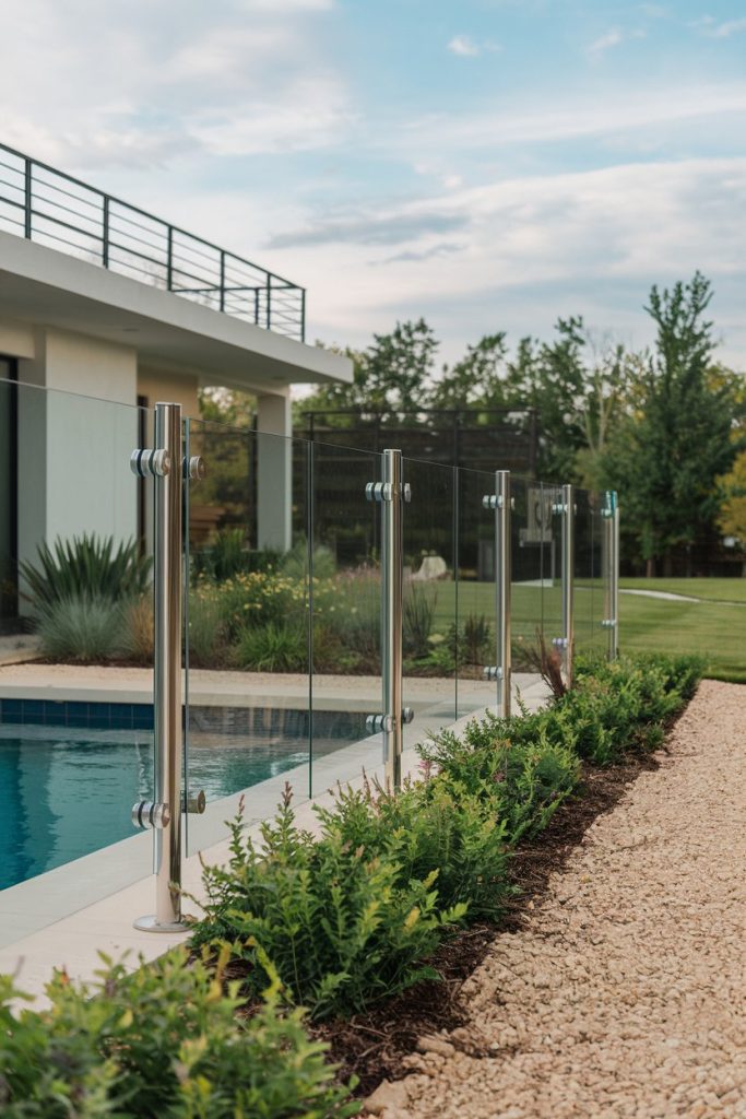 Modern outdoor pool with glass fence, metal posts and surrounding greenery under a partly cloudy sky.