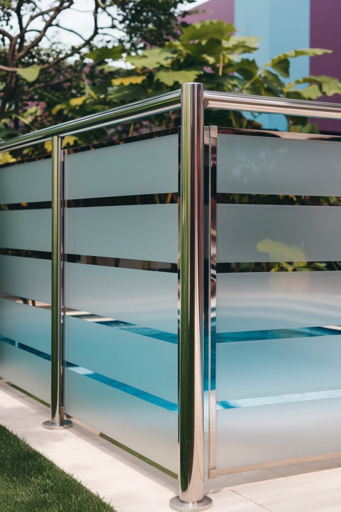 A glazed outdoor railing with metal posts surrounds a pool area with large green leaves and a colorful wall in the background.