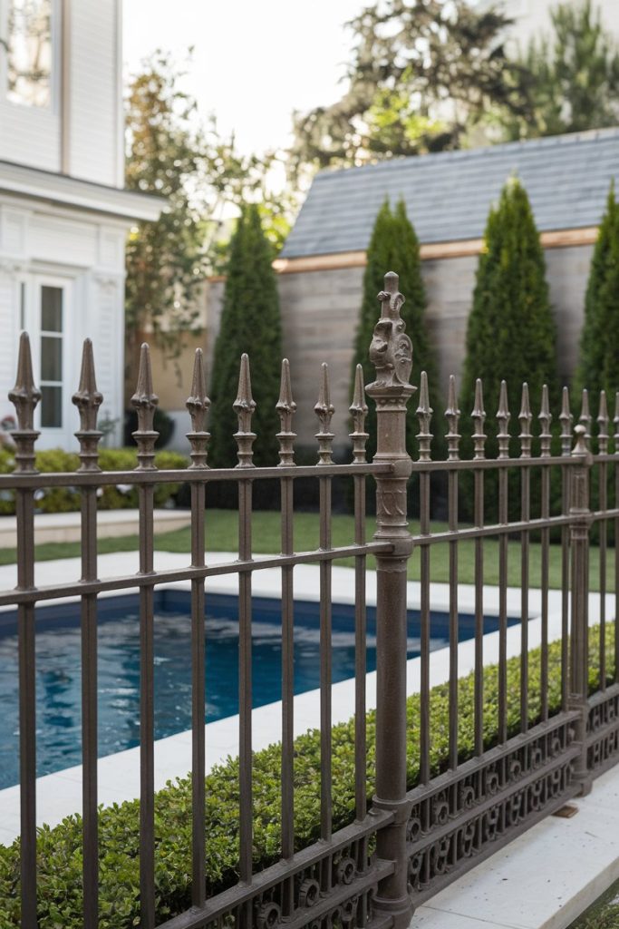 An ornate iron fence encloses a swimming pool in a backyard, with a white house and tall greenery in the background.