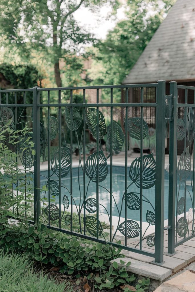 A metal fence with a leaf pattern encloses a swimming pool. A house and lush green trees can be seen in the background.