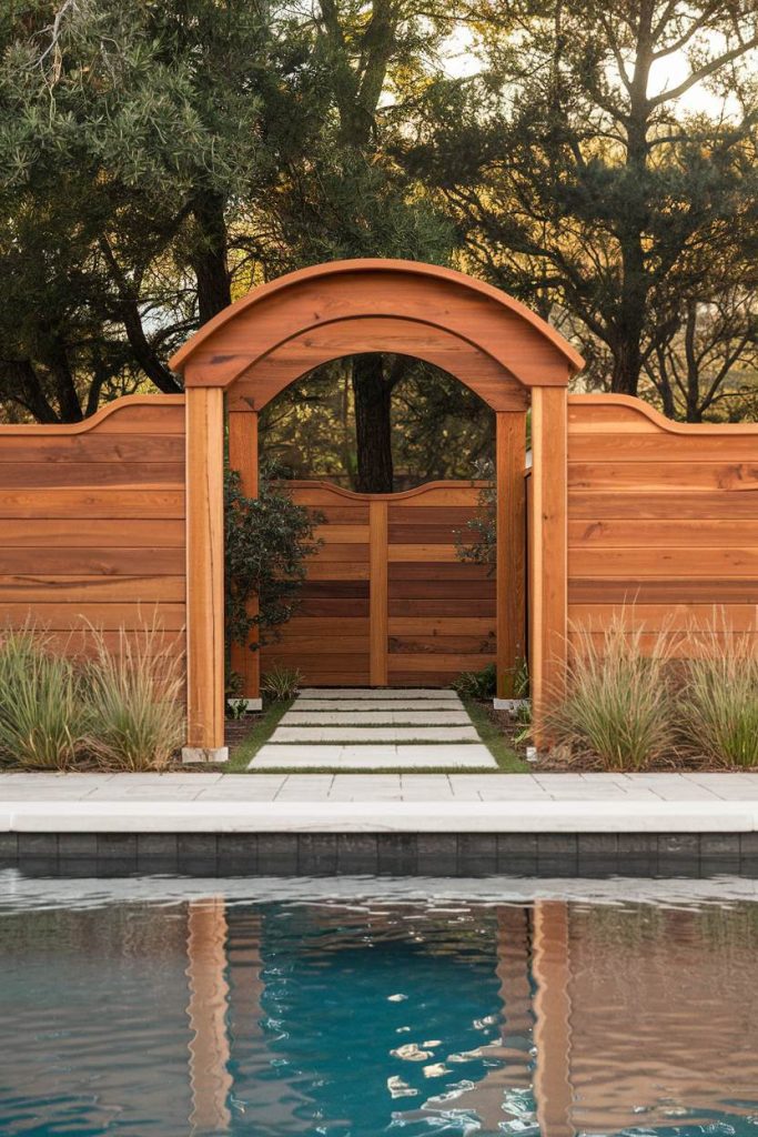 A wooden archway leads to an enclosed garden with a stone path and trees in the background. In the foreground is a pool that reflects the garden scene.