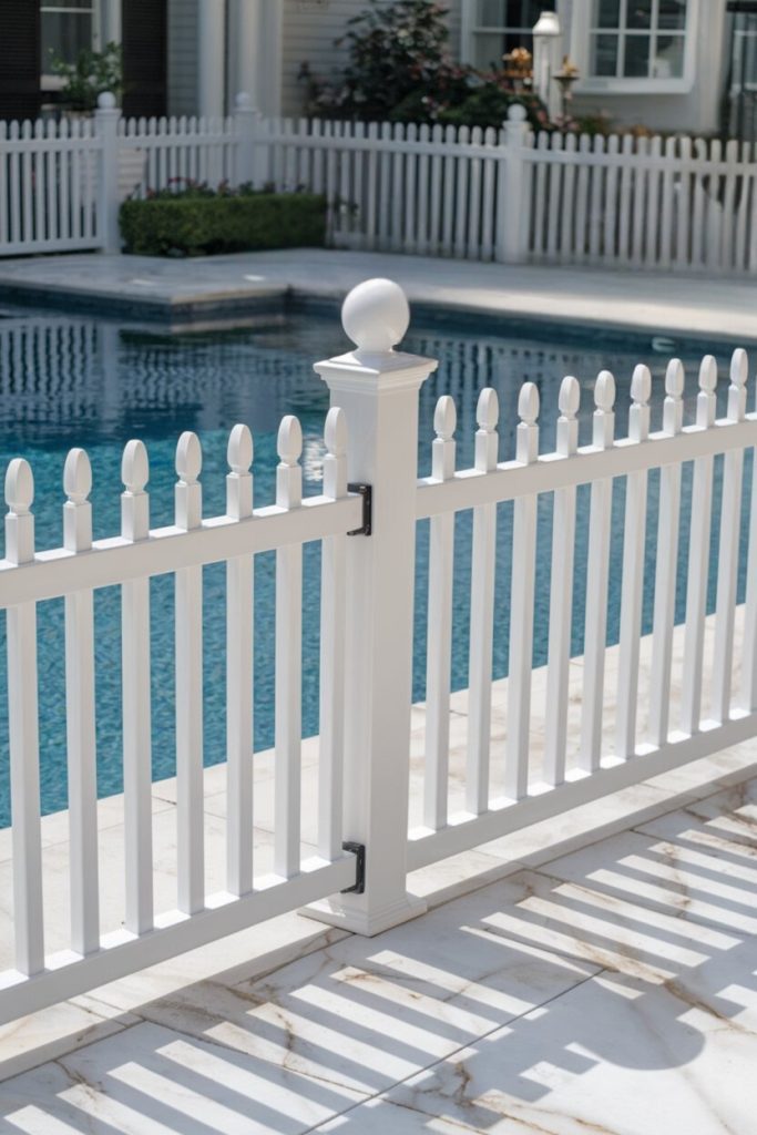 White picket fence surrounds a swimming pool on a sunny day.