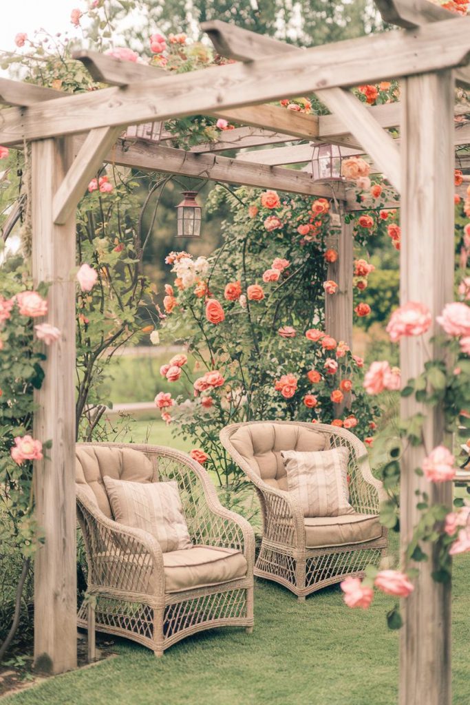 Two wicker chairs with cushions under a wooden pergola surrounded by pink and orange roses in a garden setting.