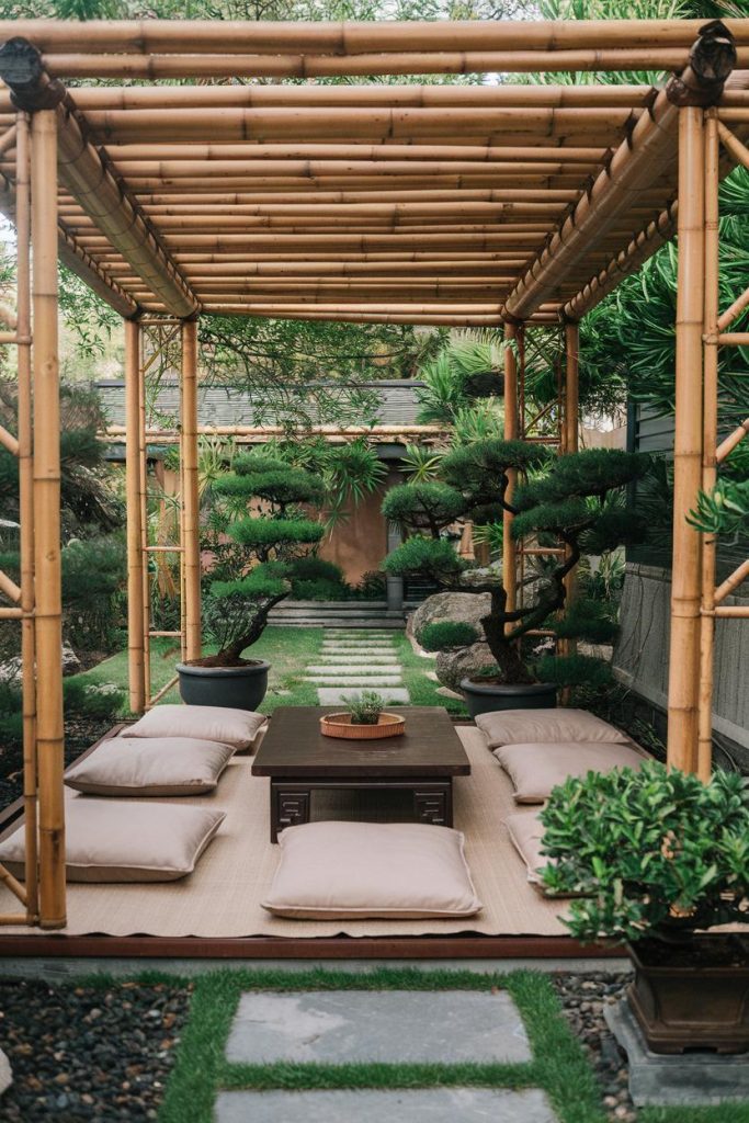 A tranquil garden scene with a bamboo pergola and cushions around a low wooden table surrounded by manicured trees and stepping stones.