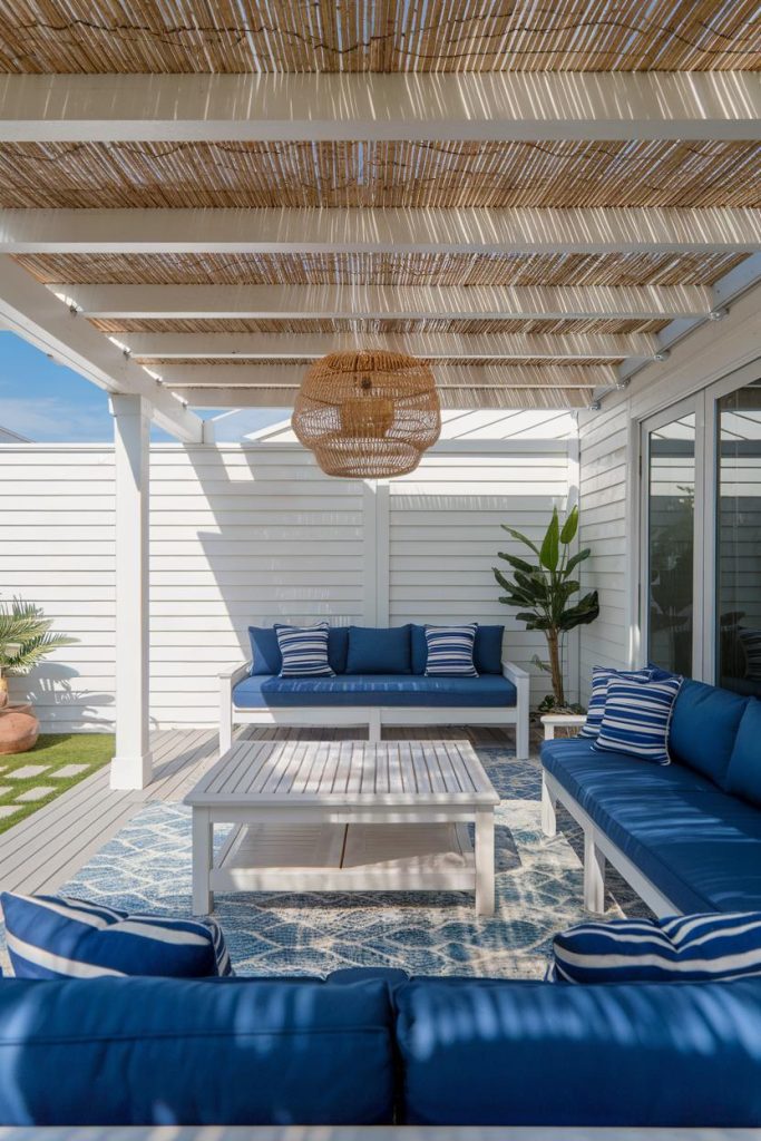 Outdoor patio with blue upholstered seating, white wooden tables, striped cushions, a wicker lamp and a pergola with a bamboo roof. White wall paneling and plants in the background.