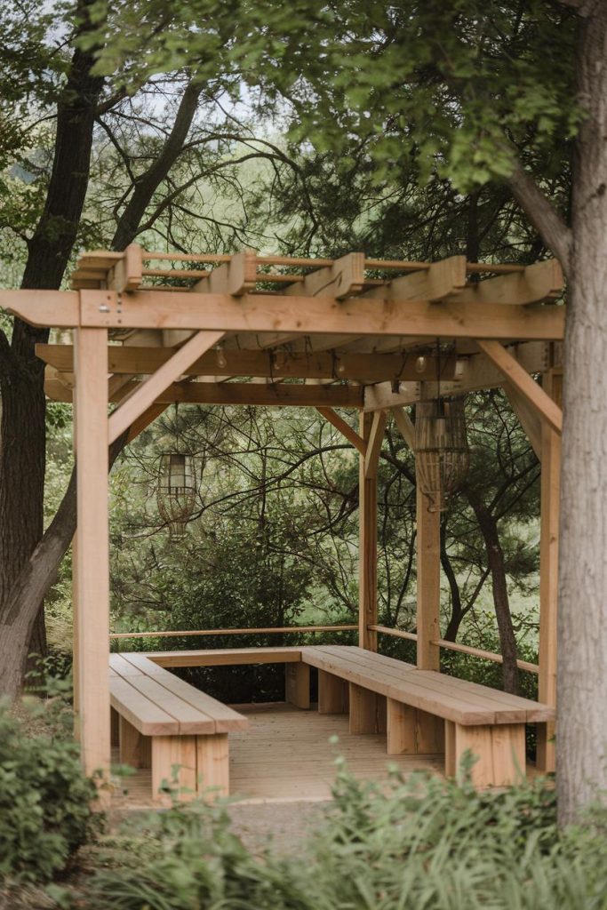 Wooden pergola with benches in a garden surrounded by green foliage and trees.