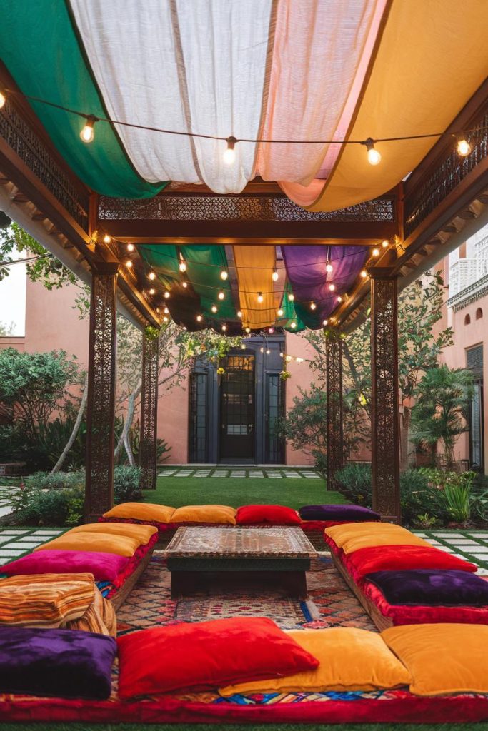 A colorful outdoor seating area with red, orange and purple cushions under a canopy of lights and colorful curtains, surrounded by greenery and terracotta buildings.