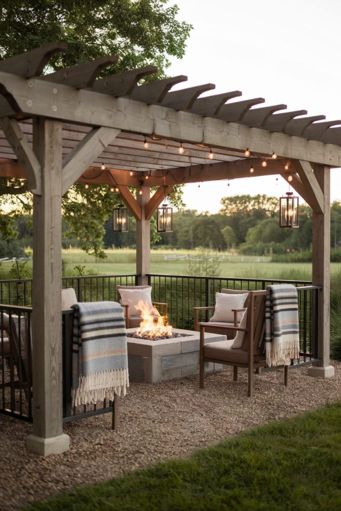 A wooden pergola with fairy lights covers a seating area with chairs and blankets around a burning fire pit on a gravel patio overlooking a lawn.