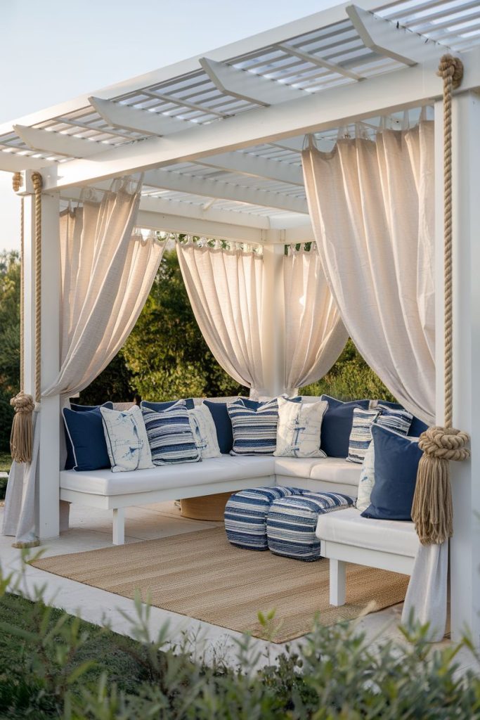 White outdoor pavilion with beige curtains and navy blue cushions on straw carpet seating. Lush greenery surrounds the structure.