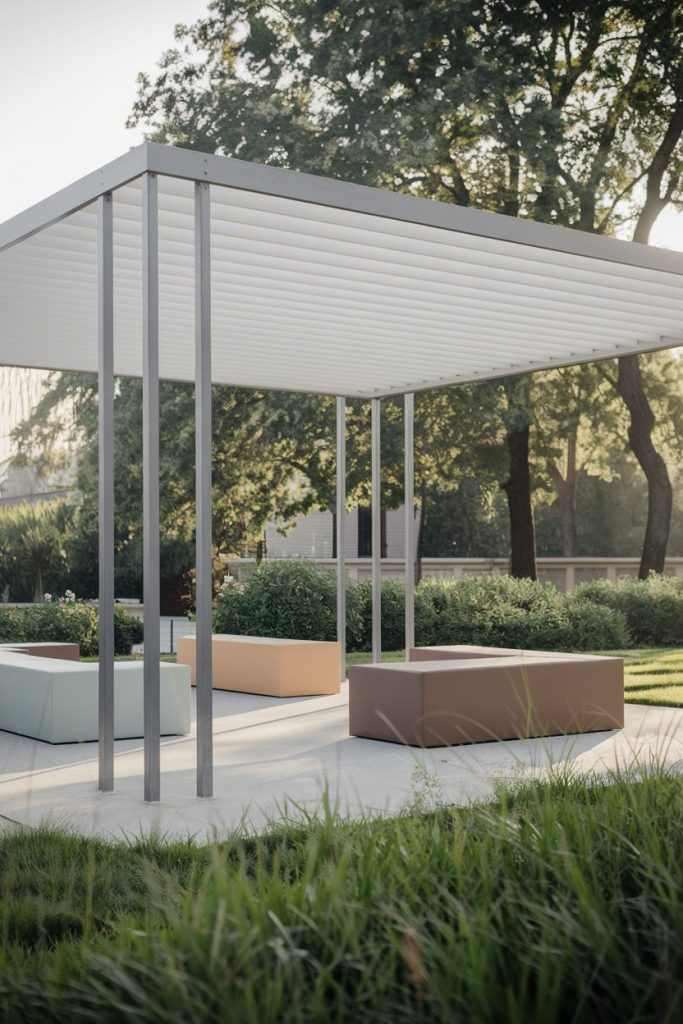 Modern outdoor pergola with metal frame and horizontal slats surrounded by green grass and trees, including pastel benches.