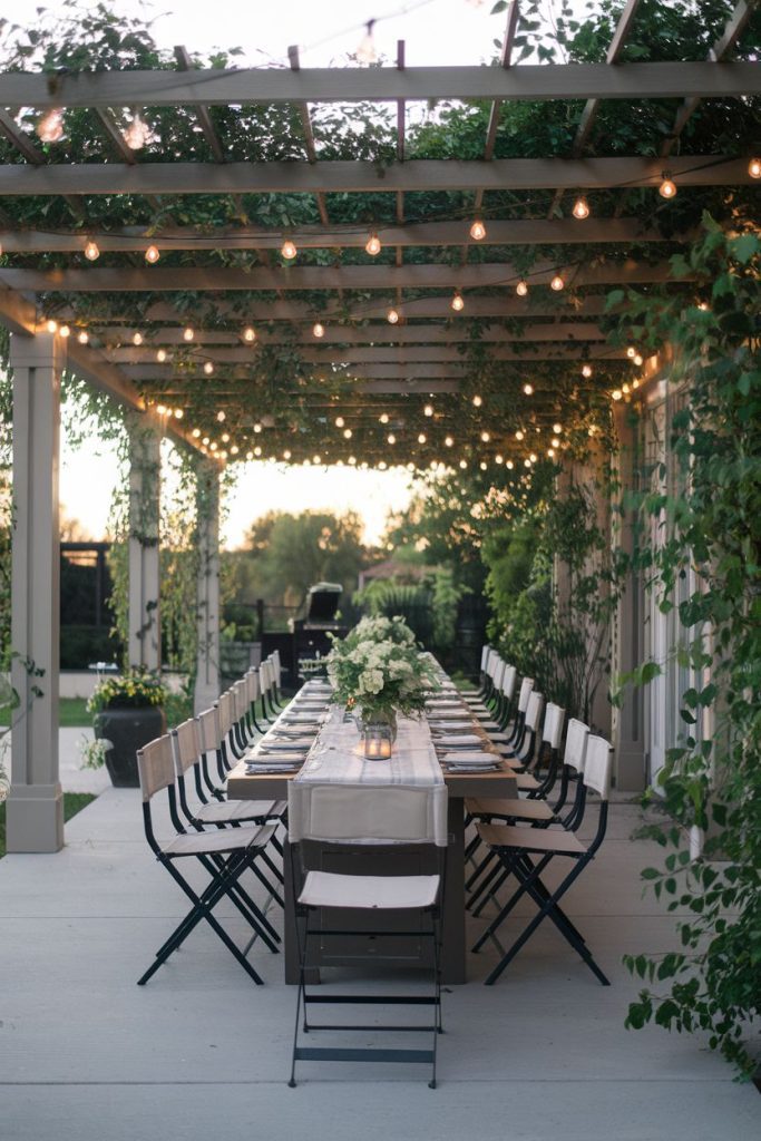 Outdoor dining area with a long table under a pergola decorated with fairy lights and green plants. White chairs and a floral centerpiece create an elegant atmosphere.