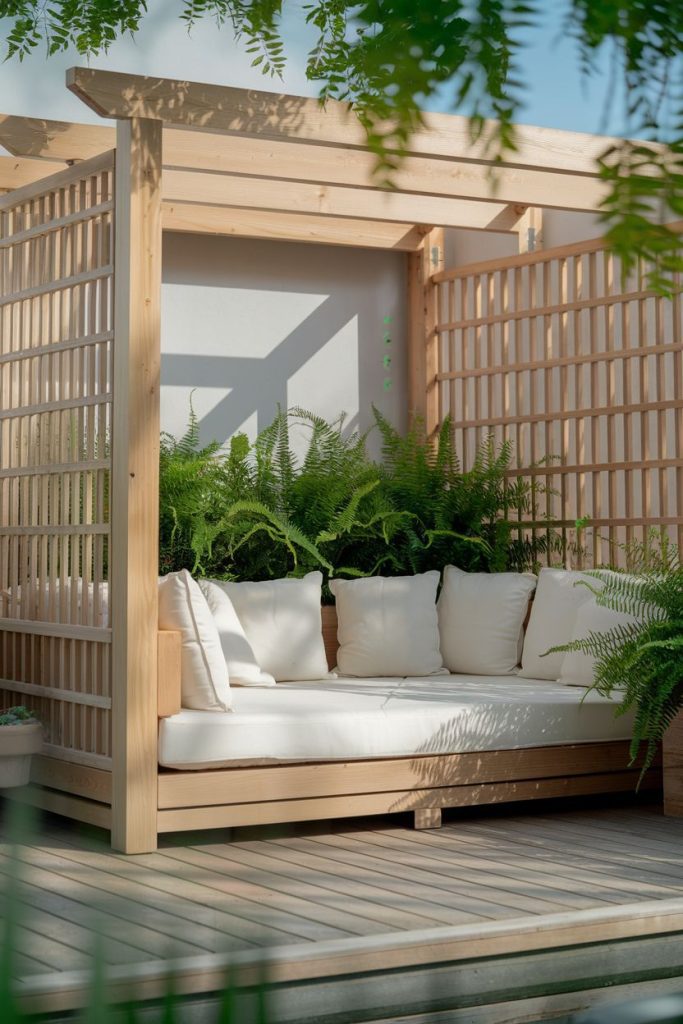 Wooden outdoor sofa with white cushions surrounded by lush green ferns under a pergola on a wooden patio.