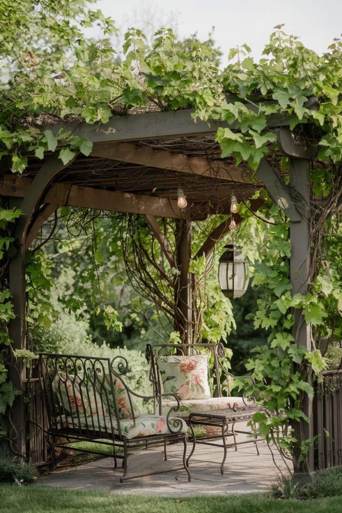 A wooden gazebo with lush green vines, two wrought iron chairs with floral cushions and a hanging lantern.