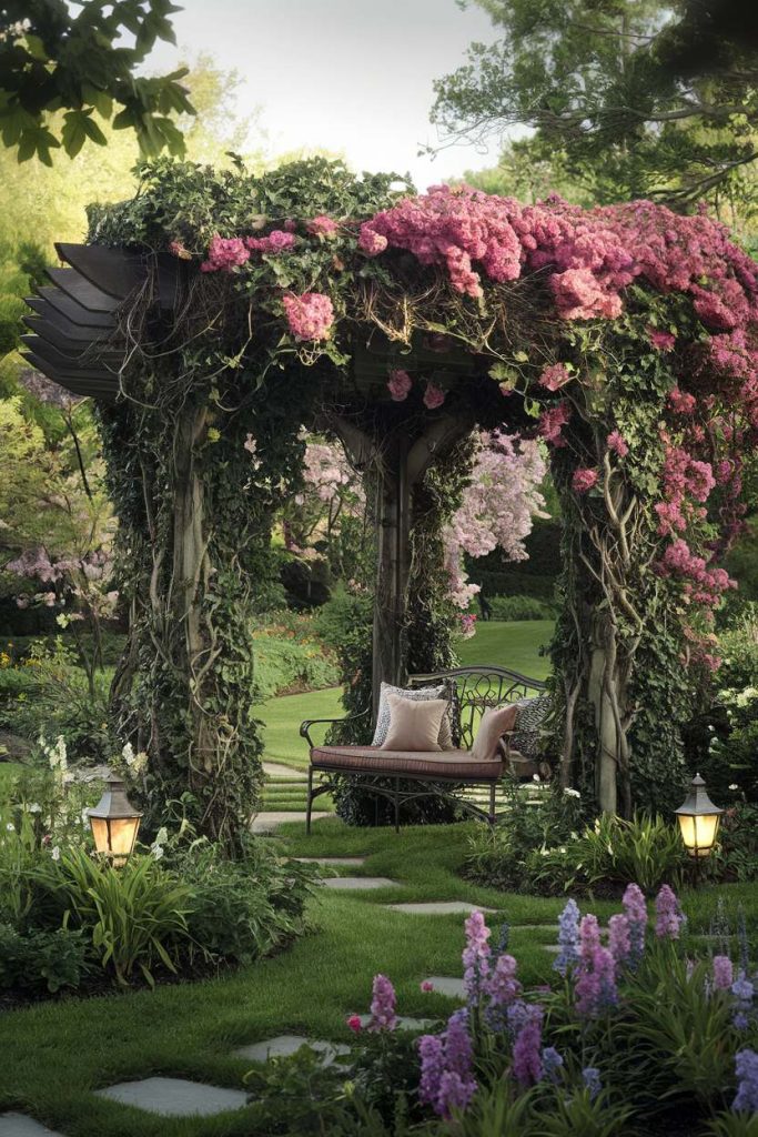 A garden pergola covered in pink flowers and green vines with a metal bench underneath. A stone path and illuminated lanterns lead through lush greenery and flowering plants.