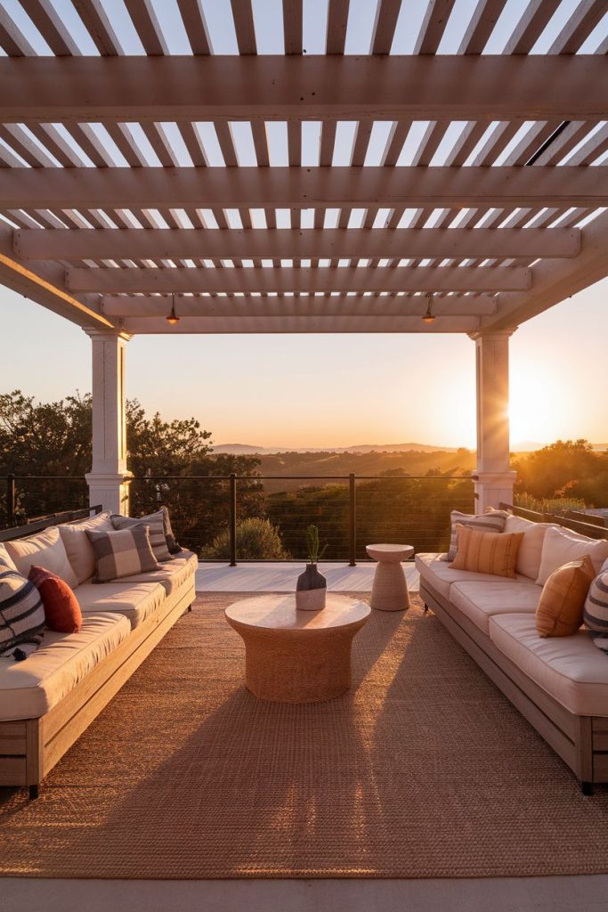 Outdoor seating area under a pergola with two facing sofas and a round coffee table overlooking the sunset and scenic landscape.