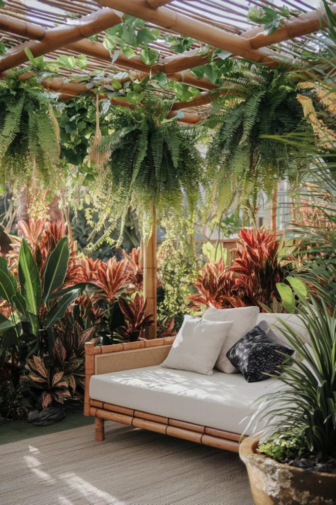 Outdoor lounge area with a bamboo roof, hanging ferns and tropical plants surrounding an upholstered daybed.