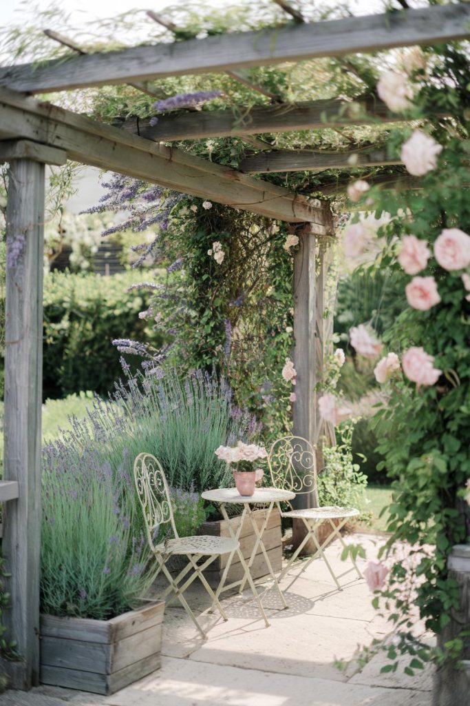 A tranquil garden with two wrought iron chairs and a table under a wooden pergola. Lavender and roses surround the area.