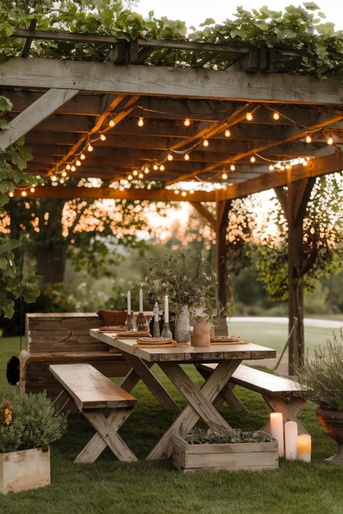 Wooden outdoor dining area with pergola, fairy lights, benches and a table with candles and vases. Surrounded by greenery and plants, taken at sunset.