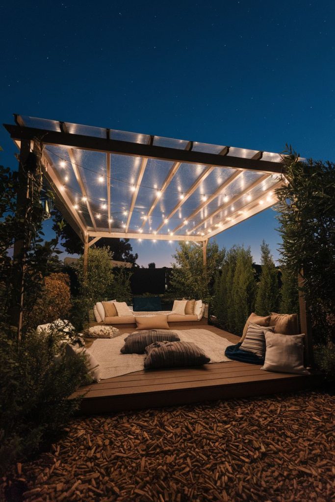 Wooden pergola with fairy lights above a cozy outdoor seating area. At night under a clear sky, pillows and plants surround the room.