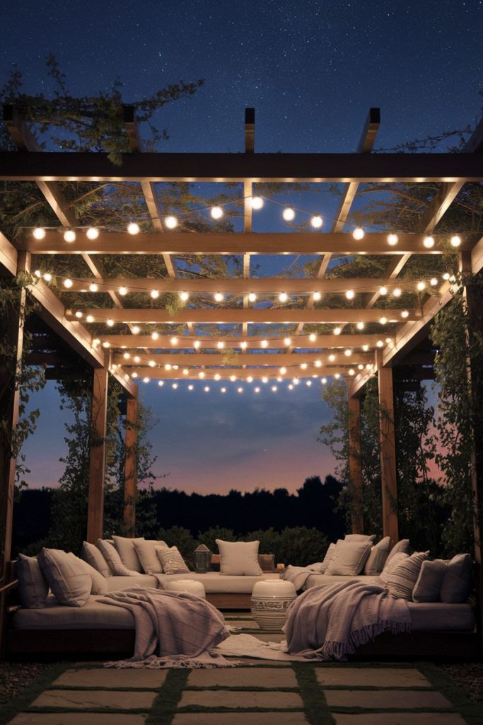 Outdoor lounge area with sofas under a wooden pergola decorated with fairy lights. The night sky can be seen above and the scene is surrounded by greenery.