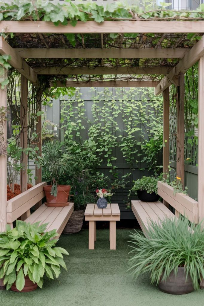 Wooden pergola with benches surrounded by potted plants and lush climbing plants. In the middle between the benches there is a small table with a flower arrangement.