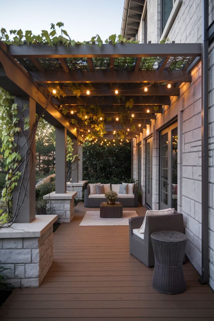 A wooden terrace with a pergola is decorated with fairy lights and climbing plants. It features upholstered seating, a coffee table and a woven side table set in front of a stone-clad house facade.