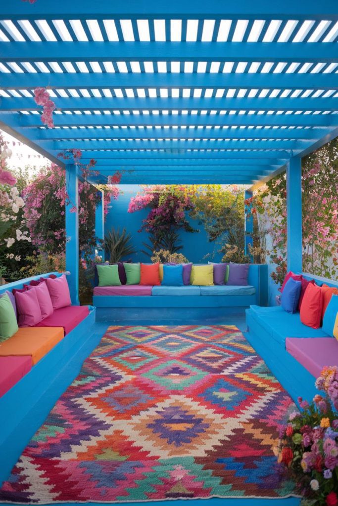 A vibrant outdoor patio with a blue pergola, colorful cushions and a patterned rug surrounded by flowering plants.